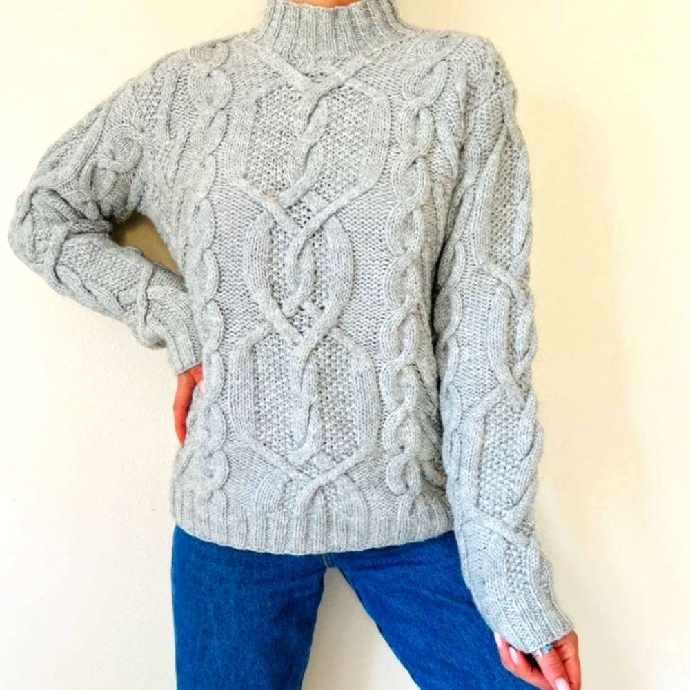 Lauren Ralph Lauren Gray Cable Handknit Chunky Mockneck Sweater Sz Small Petite